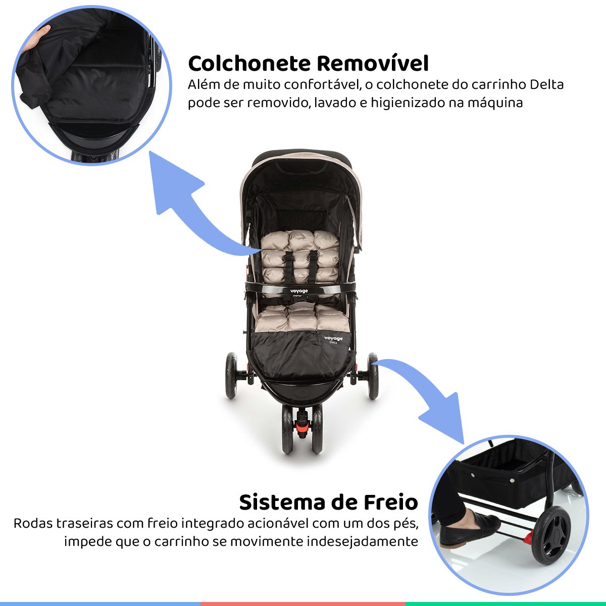 Kit Carrinho Bebê 3 Rodas Reclinável Até 15kg Delta Trio PRO Bege Grid + Bebê Conforto + Base - 2