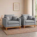 Ver imagem 1 de Kit 2 Poltrona Sofa Benny Linho Cinza com Almofada Base de Madeira Castanho - Arkell