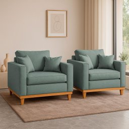 Kit 2 Poltrona Sofa Benny Linho Bege com Almofada Base de Madeira Castanho - arkell - 1