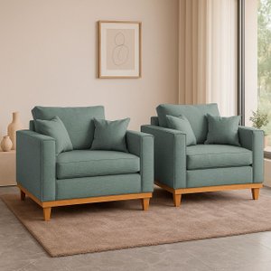 Kit 2 Poltrona Sofa Benny Linho Bege com Almofada Base de Madeira Castanho - arkell
