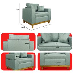 Kit 2 Poltrona Sofa Benny Linho Bege com Almofada Base de Madeira Castanho - arkell - 9