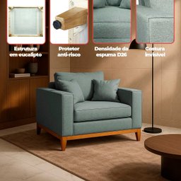 Kit 2 Poltrona Sofa Benny Linho Bege com Almofada Base de Madeira Castanho - arkell - 3