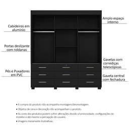 Guarda Roupa Casal 3 Portas de Correr 9 Gavetas Itapema Ll Preto - Saga Decor - 3