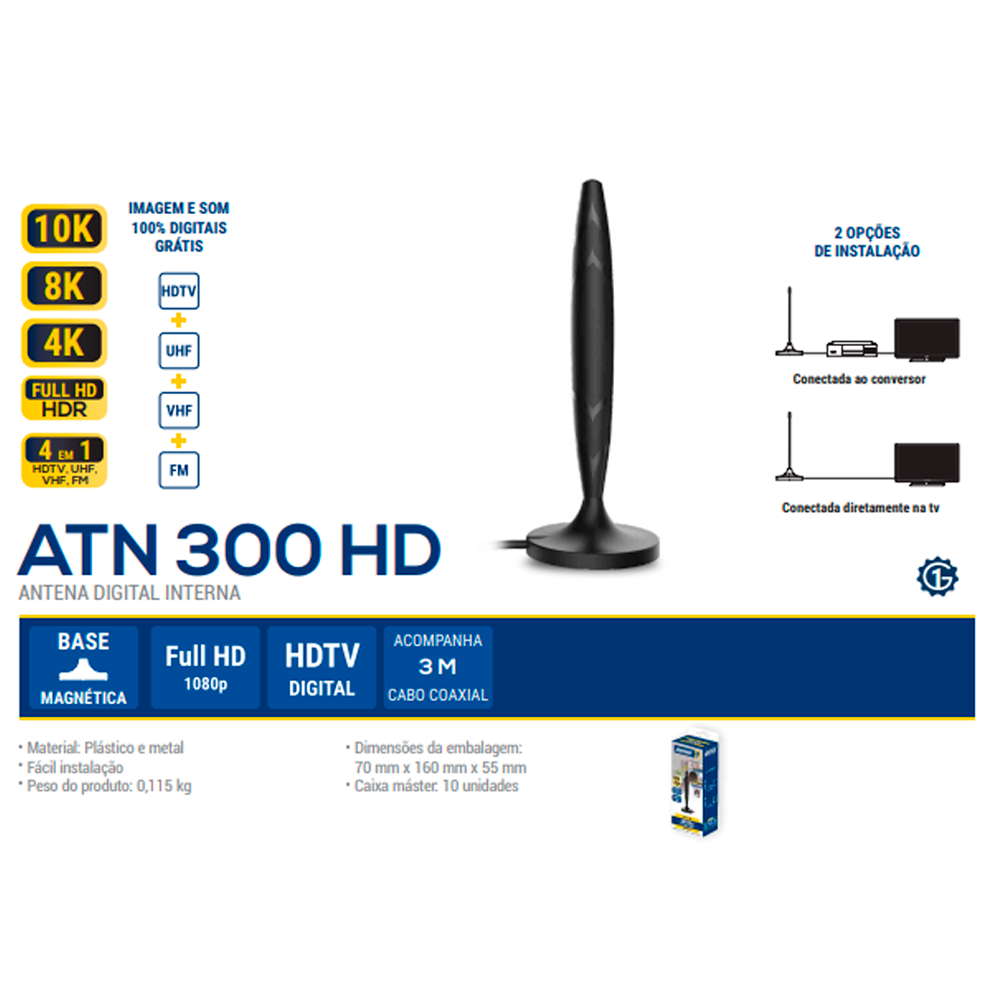 Antena Digital Interna Tv e Conversor UHF HD Cabo Coaxial 3M - 3