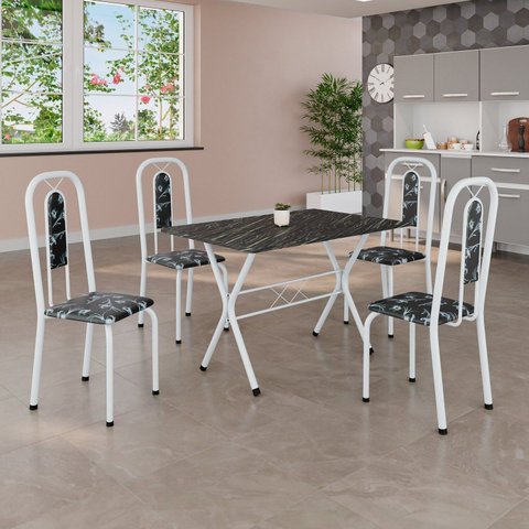Conjunto de Mesa Sala de Jantar com 4 Cadeiras Lívia Branco/Preto