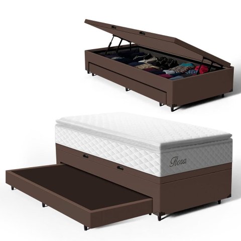 Cama Box Baú com Colchão de Molas Ensacadas Pillow Top Flora + Auxiliar Unique Solteiro 88cm