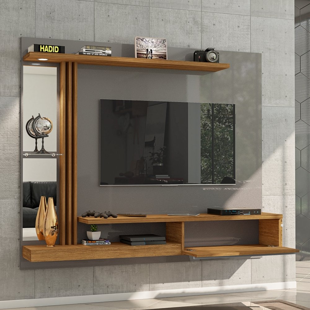 Painel para TV com Espelho e Led Thalita Titanium Cinamomo | MadeiraMadeira