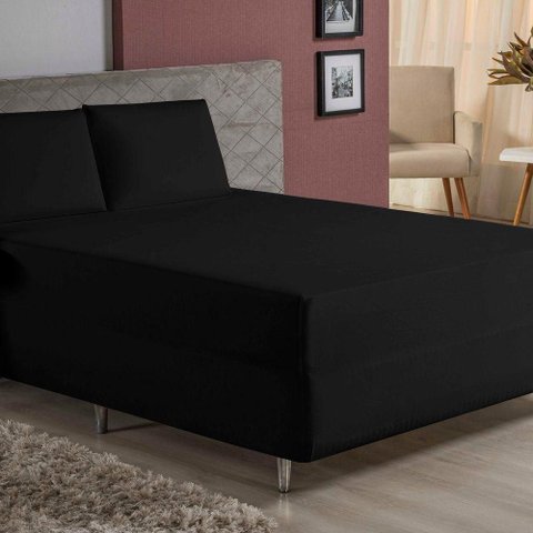 Jogo de Cama King Nobre 3 Peças Luva de Box 55cm de Altura Malha 100% Algodão - Preto