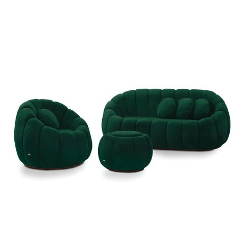 Sofá 2 Lugares com Puff e Poltrona Giratória Orgânica Cloud Bouclê Verde E03 - D’Rossi