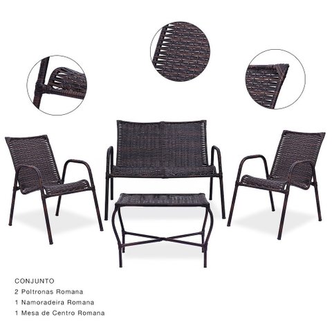 Conjunto para Área 01 Namoradeira, 02 Cadeiras e 01 Mesa - Romana