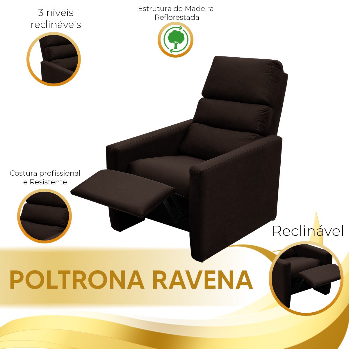 Poltrona do Papai Reclinável Ravena Material Sintético Marrom - Star Confort - 6