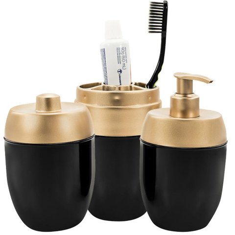 Kit Conjunto Acessórios de Pia Banheiro Lavabo Preto Tampa Dourado 3 Peças Forma Dispenser