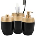 Ver imagem 1 de Kit Conjunto Acessórios de Pia Banheiro Lavabo Preto Tampa Dourado 3 Peças Forma Dispenser