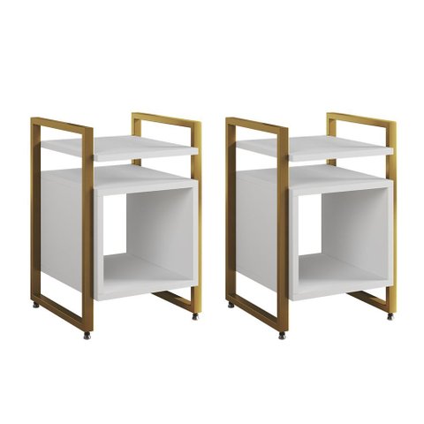 Kit 2 Mesas de Cabeceira Industrial Marrocos Ferro Dourado e Tampo Branco