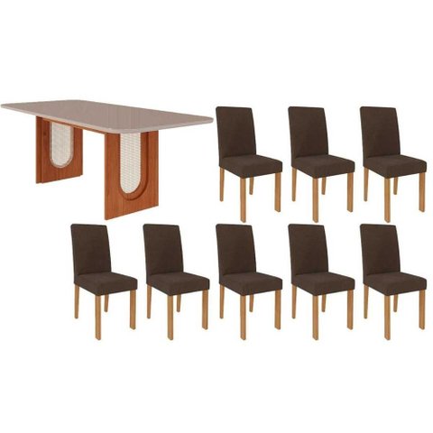 Sala de Jantar Completa Valentina Tampo Madeirado C/ Vidro 210x100cm e 8 Cadeiras Maia Cinamomo/off