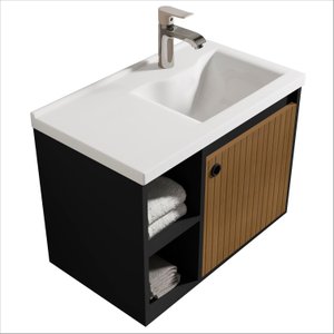 Conjunto Gabinete com Espelheira e Cuba para Banheiro 60cm Adonis Preto Ripado Ofertamo