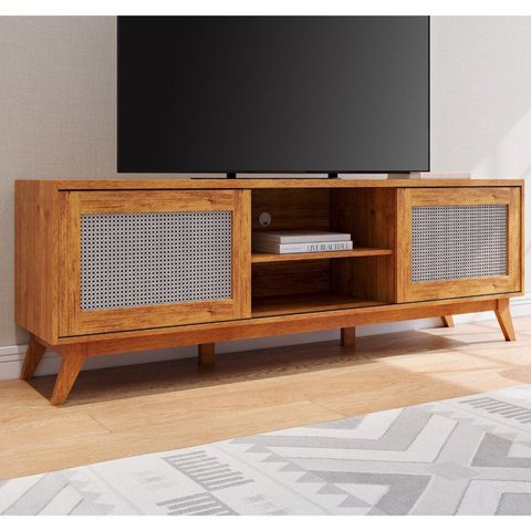 Rack para TV até 75 Polegadas 180,5cm 2 Portas com Palha Natural 1 Prateleira Nolan
