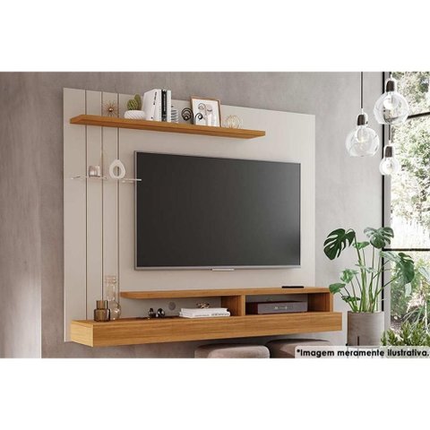 Painel Quarto P/ Tv até 50 Pol Valência Plus C/ Prateleira e Nichos 160x135cm Off White/nature -