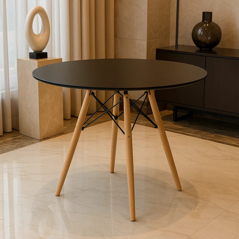 Mesa de Jantar Charles Eames Redonda Pés Madeira Tampo Madeira Eiffel Wood 90cm Preto