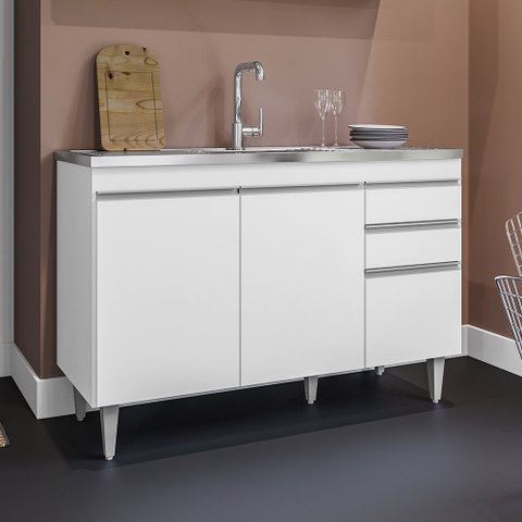 Balcão Melissa com Pia e Cuba Ghelplus 120cm 3 Portas 2 Gavetas Branco Maderatto Móveis