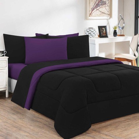 Kit Edredom + Jogo de Lençol Malha 100% Algodão Gran Moratta 7 Peças Casal - Preto-roxo