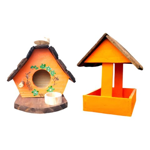 Kit Casinha e Comedouro de Passarinho em Madeira, Decoração para Casa e Jardim