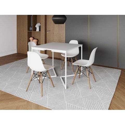 Mesa Industrial Base Ferro Branco em V Tampo 90x90 Branco 4 Cadeiras Eames Madeira Assento Branco