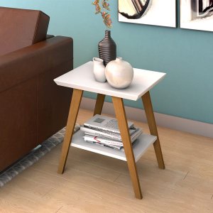Mesa de Canto Mônaco Tampo Mdf Branco Pés Madeira