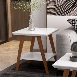 Mesa de Canto Mônaco Tampo Mdf Branco Pés Madeira - 2