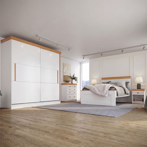Conjunto Quarto de Casal Completo England em MDF Branco/Freijó