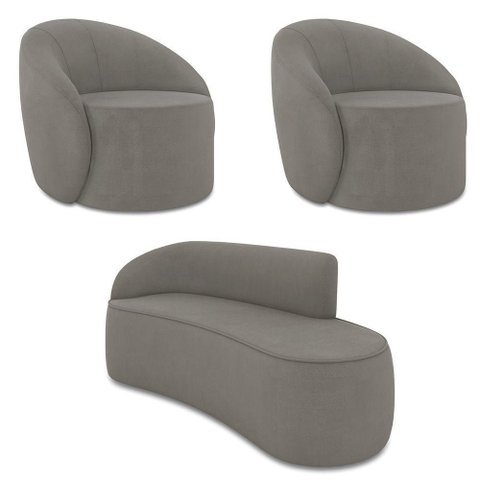 Sofá 3 Lugares Orgânico 180cm Morgan e 2 Poltronas Lua Suede Grafite D03 - D'Rossi