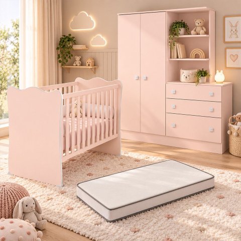 Kit Quarto de Bebê Doce Sonho com Berço para Mosquiteiro Guarda Roupa com Cômoda e Colchão 130x60 Mo
