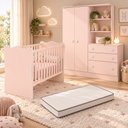 Ver imagem 1 de Kit Quarto de Bebê Doce Sonho com Berço para Mosquiteiro Guarda Roupa com Cômoda e Colchão 130x60 Mo