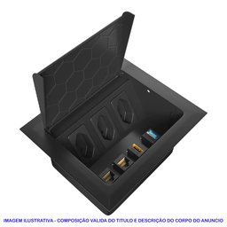 Caixa POP Embutir 3 Tomada 4 RJ45 Mesa Escritorio Coworking QTMOV Caixa 3 Tomadas 3 RJ45 Preto 20A - 1