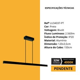 Luminária Pendente Linear 120cm 32w 4000k Led Bivolt Moderno Lu34037-pt - 7