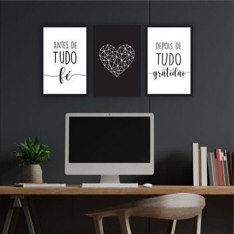 QUADRO 30X20 3PÇS ANTES DE TUDO CORAÇÃO MOLD PRETA