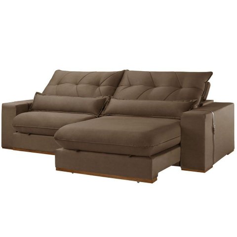 Sofá com Chaise B016 3 Lugares Retrátil 250cm Marrom Veludo Meu Sofá Online
