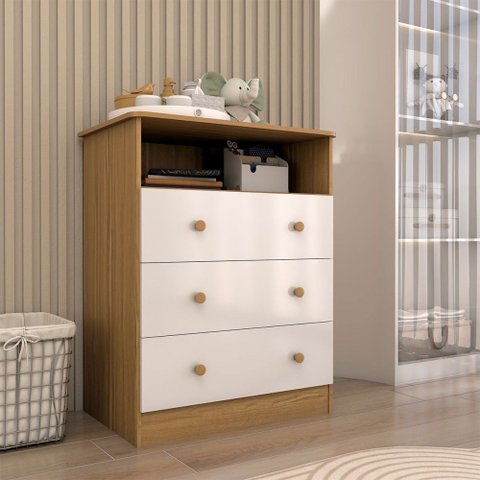 Cômoda Infantil Sueño 3 Gavetas 100% Mdf Branco Brilho/amendoa - Panorama Móveis