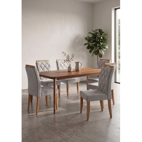 Sala de Jantar Veneza 180cm Laminada com 6 Cadeiras Madeira Maciça Bali Cinamomo Linho Prata