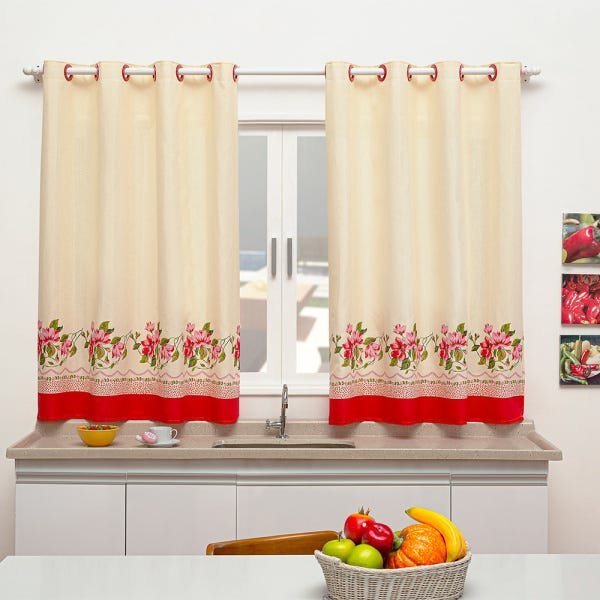 Cortina de Cozinha Sublime 2,40m x 1,40m Para Varão Simples - Floral Vermelho - 1