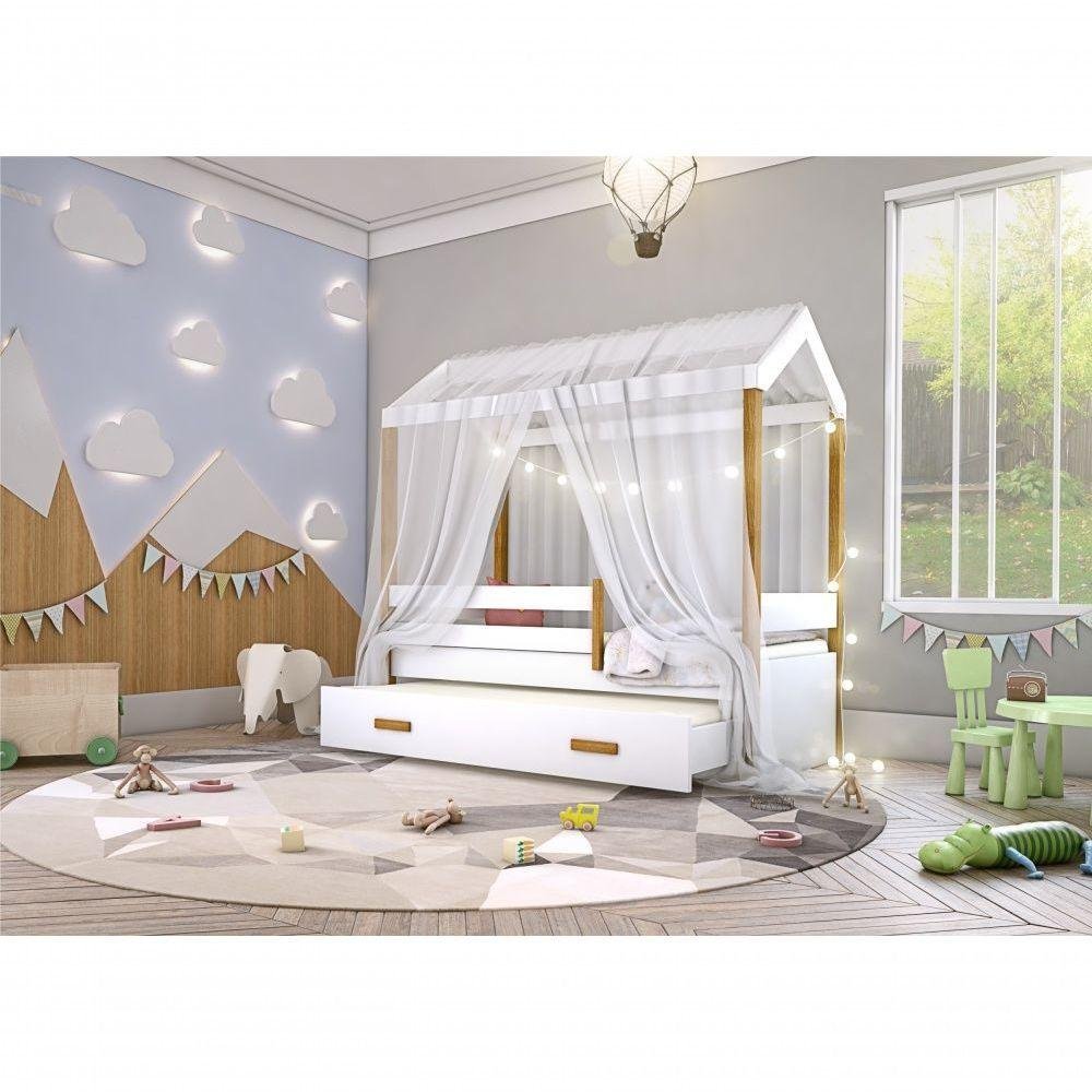 Cama Montessori Auxiliar Bola Led Colchão E Dossel Branco - 2