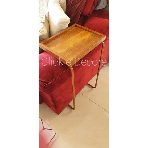 Apoio lateral sofá bandeja sem espelho porta copos base metal decoração de sala - MADEIRA / BRONZE