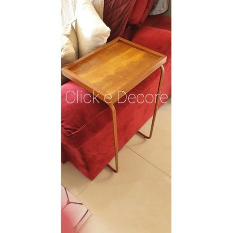 Apoio lateral sofá bandeja sem espelho porta copos base metal decoração de sala - MADEIRA / BRONZE