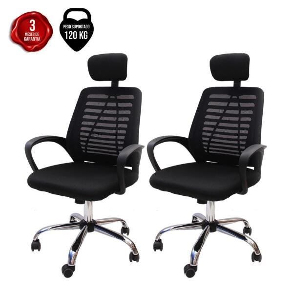 Kit 2 Cadeiras de Escritório Presidente Tela Mesh Simples com Apoio e Sistema Relax Ribs - Preta