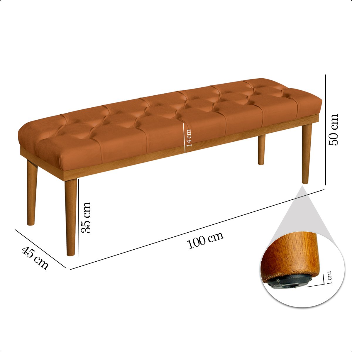 Recamier Calçadeira Apolo Veludo Terracota Solteiro 1,00m Base Madeira Pés Palito - 7