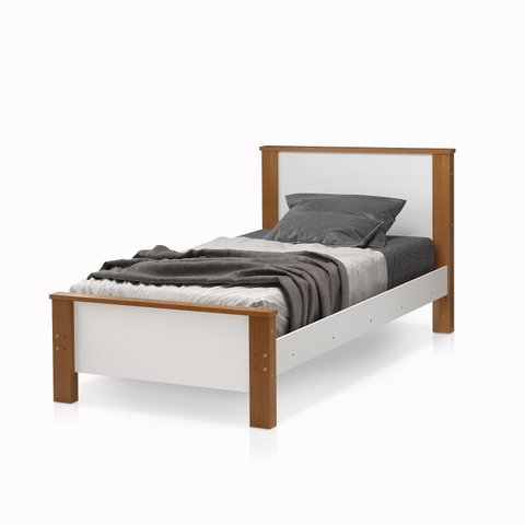 Cama Quarto Tamanho de Solteiro Mila Estilo Retro Pés de Madeira Branca com Detalhes Amêndoa Mdf