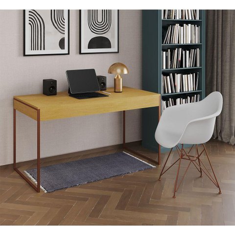 Escrivaninha Industrial Office Estudo Malta Canela 137X53Cm Com 1 Poltrona Branca Base Cor: Canela
