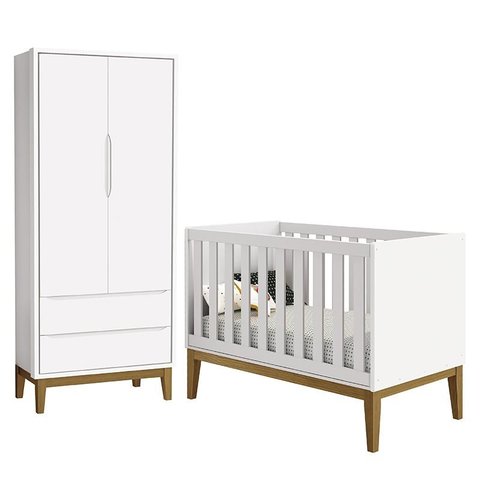 Jogo de Quarto Infantil Guarda Roupa 2 Portas e Berço Classic Branco Fosco com Pés Amadeirado - Rell