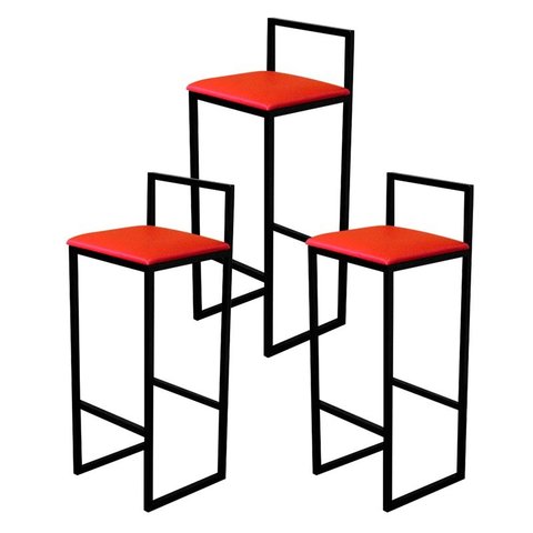 Jogo 3 Banqueta Alta Cozinha Bar Balcão Bistrô Industrial Preta Estofado Vermelho