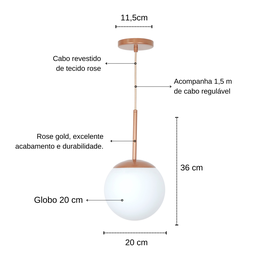 Lustre Pendente Jabuticaba Rose Gold Globo de Vidro 20 Cm - 4